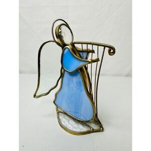 Stained Glass Angel Harp Player Ornament Blue Wings Gold Tone Accents